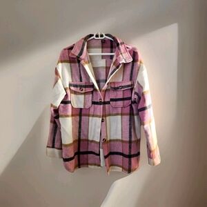 Stylish Plaid Utility Jacket - Pink, White, and Black